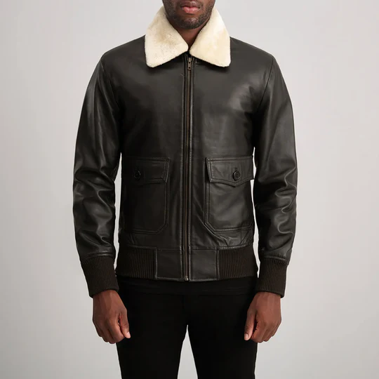 Men’s Airin G-1 Black Leather Bomber Jacket with Cream Shearling Collar