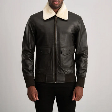 Men’s Airin G-1 Black Leather Bomber Jacket with Cream Shearling Collar