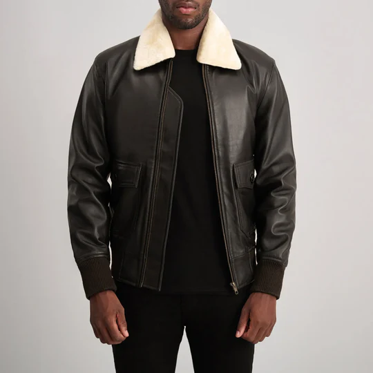 Men’s Airin G-1 Black Leather Bomber Jacket with Cream Shearling Collar