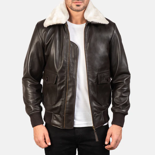 Men’s Airin G-1 Brown Leather Bomber Jacket with Cream Shearling Collar