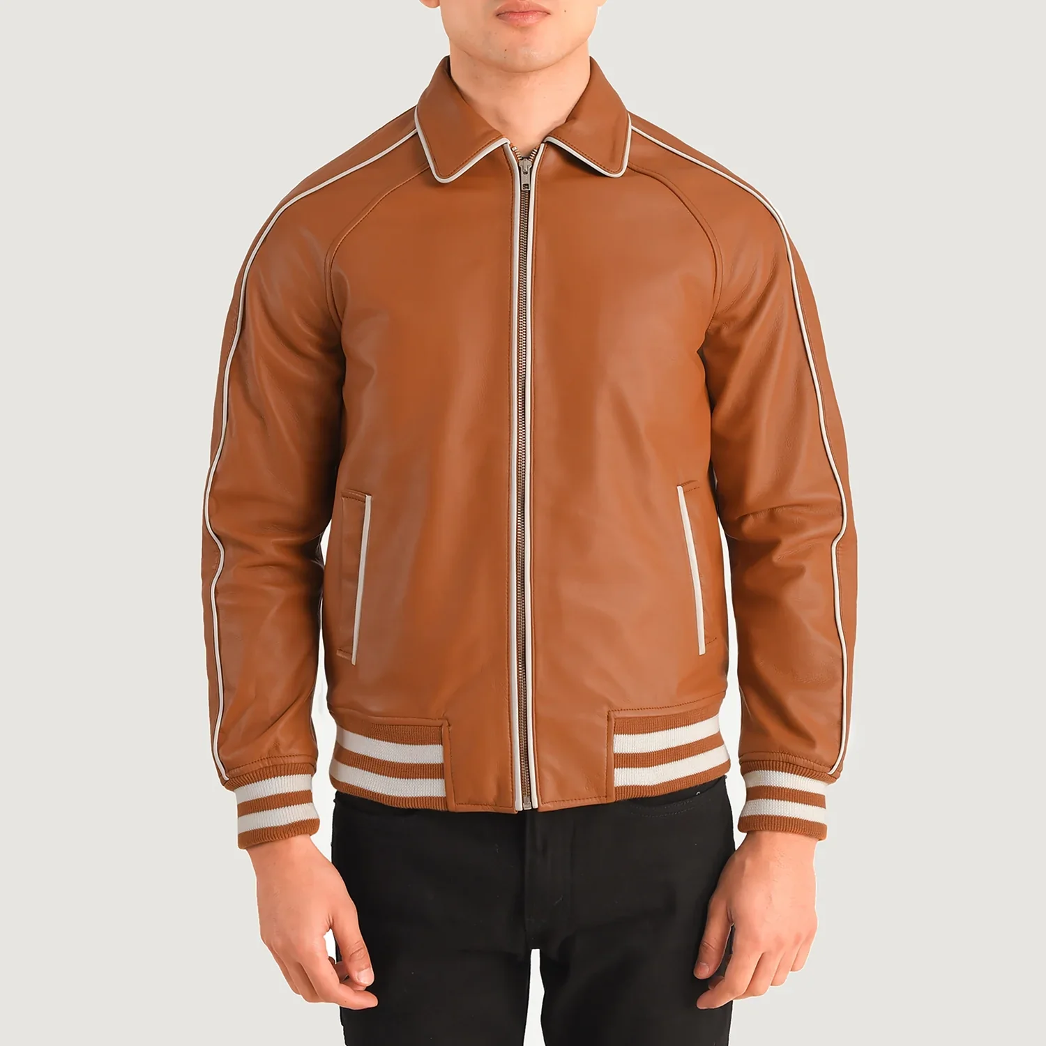 Cooper Tan Brown Leather Varsity Jacket – Premium Retro Racer Style, Everyday Luxury