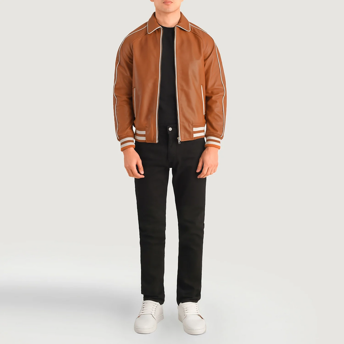 Cooper Tan Brown Leather Varsity Jacket – Premium Retro Racer Style, Everyday Luxury