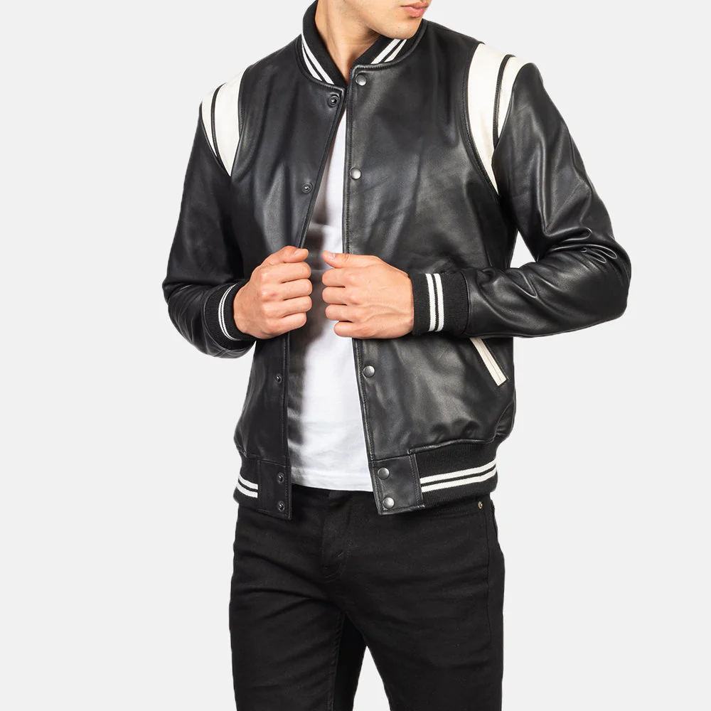 Dantee Black &amp; White Genuine Leather Varsity Jacket – Modern Athletic Bomber