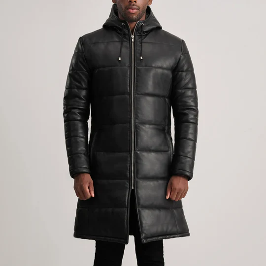 Men’s Floyd Black Hooded Leather Puffer Coat | Long Winter Leather Parka