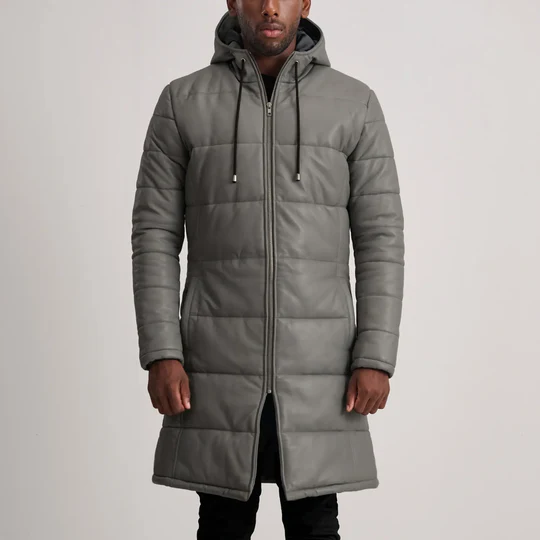 Men’s Floyd Grey Hooded Leather Puffer Coat – Long Winter Leather Parka