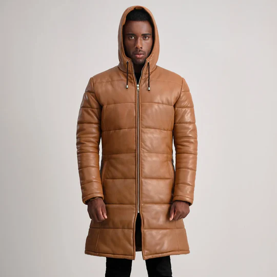 Men’s Floyd Tan Hooded Leather Puffer Coat – Long Winter Leather Parka