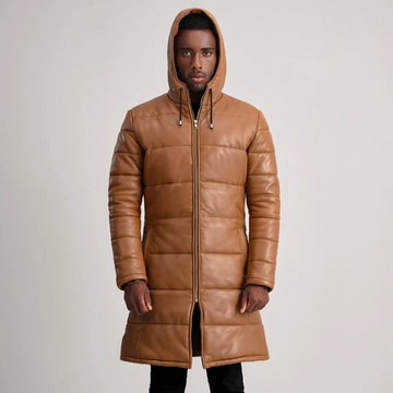 Men’s Floyd Tan Hooded Leather Puffer Coat – Long Winter Leather Parka