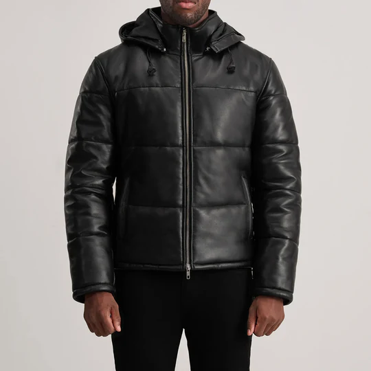 Men’s Gordon Black Hooded Leather Puffer Jacket