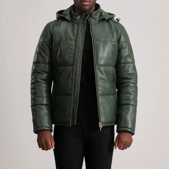 Men’s Gordon Green Hooded Leather Puffer Jacket