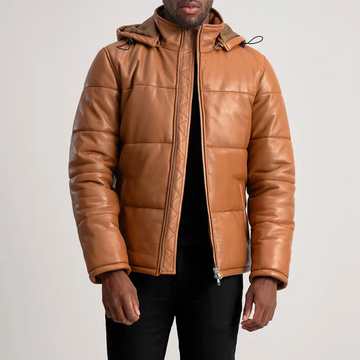 Men’s Gordon Tan Hooded Leather Puffer Jacket