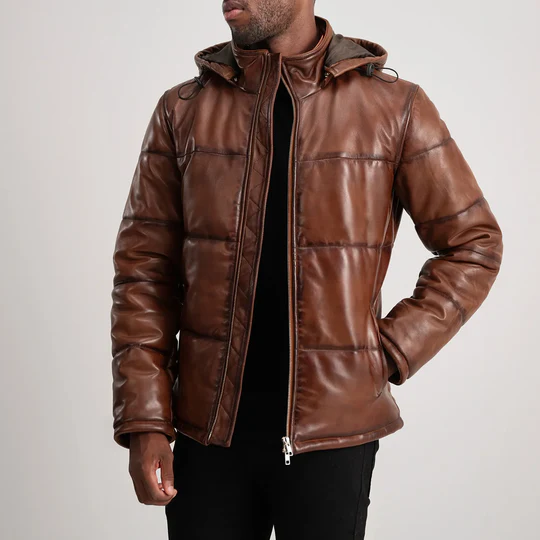 Men’s Gordon Waxed Brown Hooded Leather Puffer Jacket