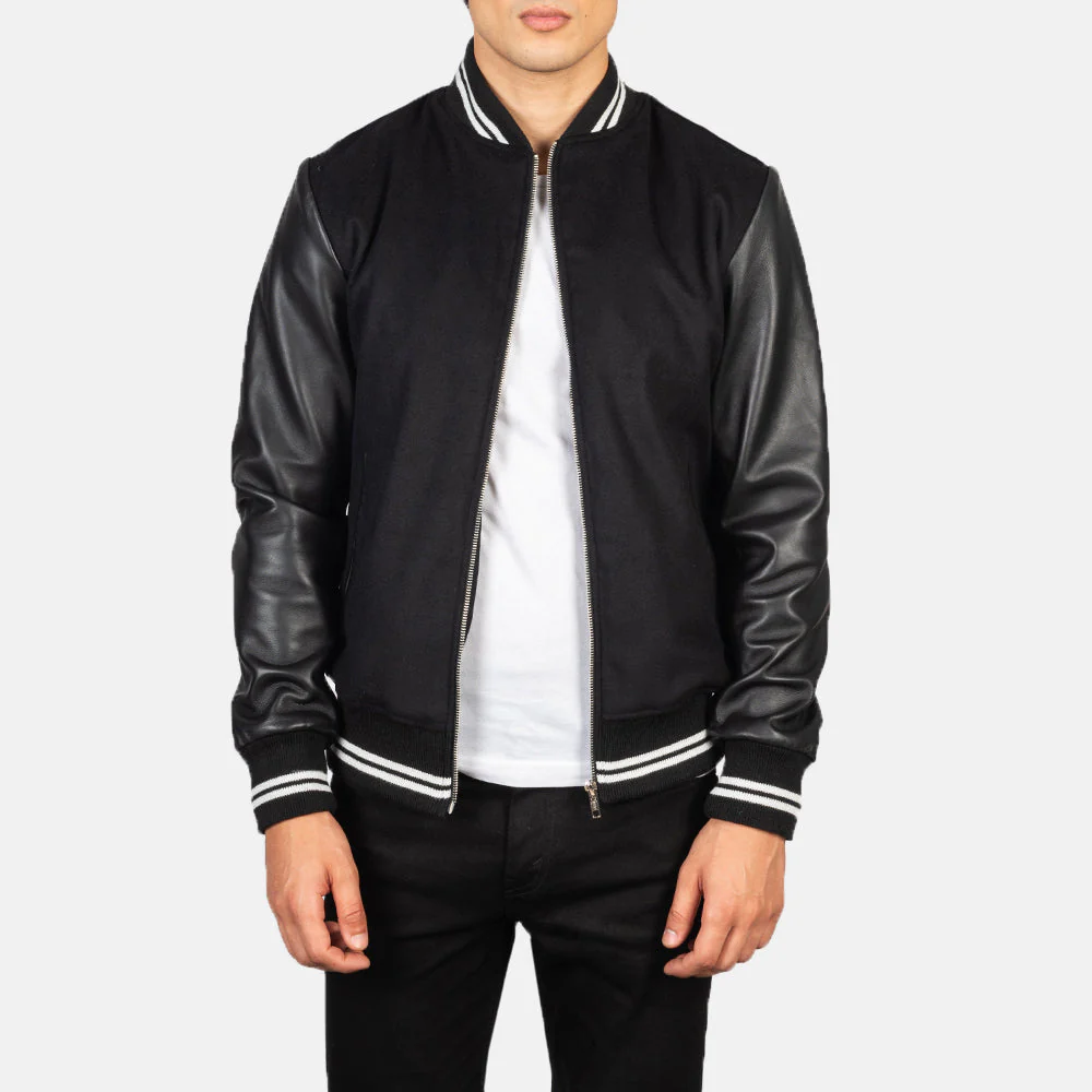 Harrison Black Hybrid Varsity Jacket – Wool Body &amp; Leather Sleeves