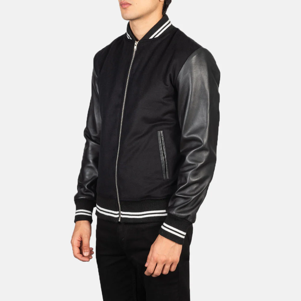 Harrison Black Hybrid Varsity Jacket – Wool Body &amp; Leather Sleeves
