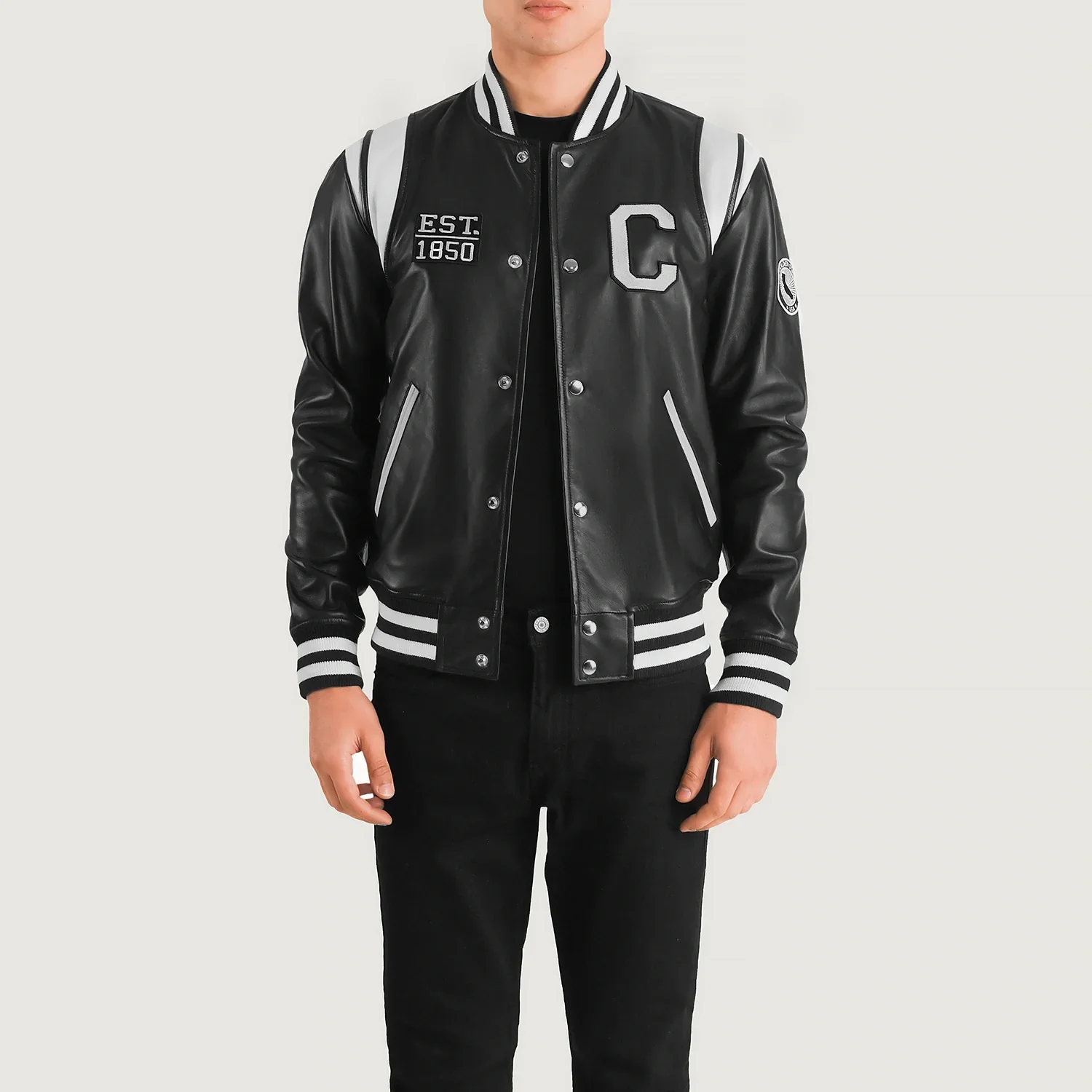 Men’s Liberté California Black Leather Varsity Jacket – “C” Patch Edition