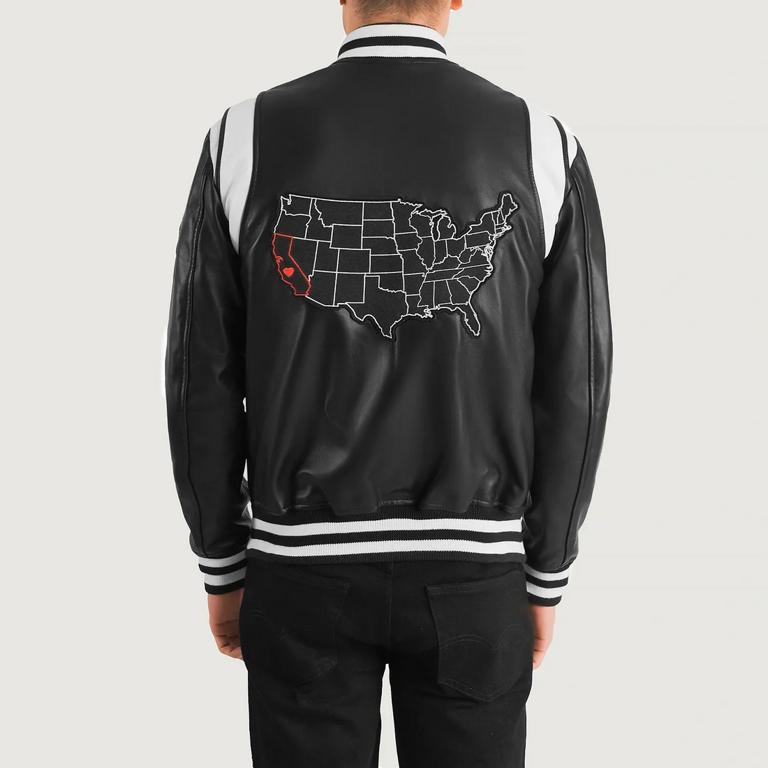 Men’s Liberté California Black Leather Varsity Jacket – “C” Patch Edition