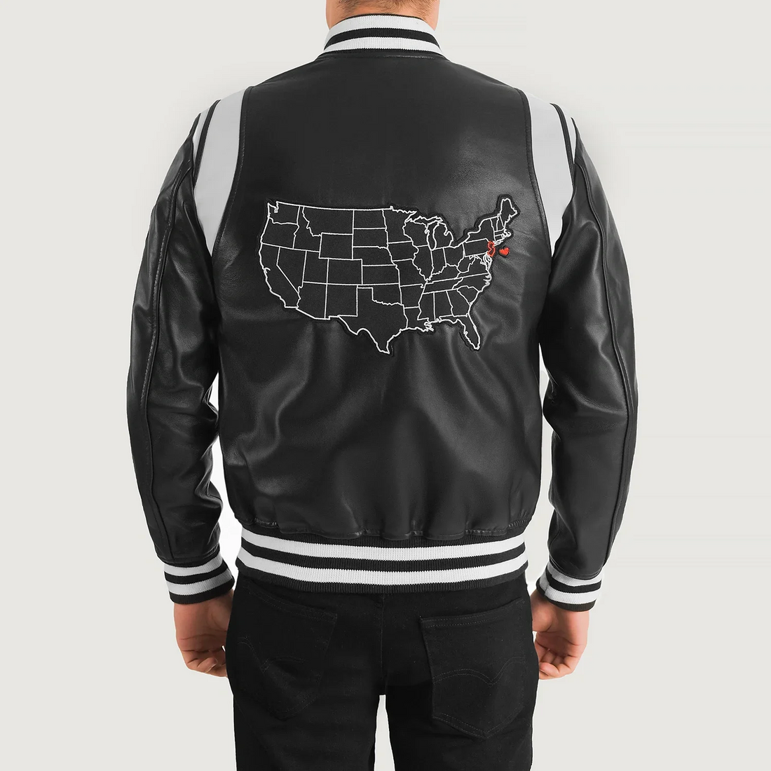 Men’s Black Leather Varsity Jacket – “Liberte New Jersey”&nbsp;