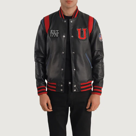 Men’s Liberté USA Black Leather Varsity Jacket – “U” Patch, EST. 1776 Edition
