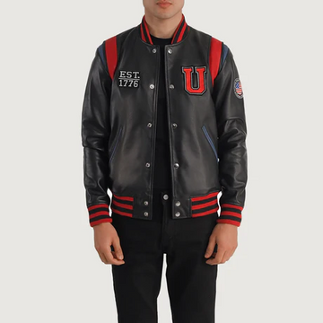 Men’s Liberté USA Black Leather Varsity Jacket – “U” Patch, EST. 1776 Edition