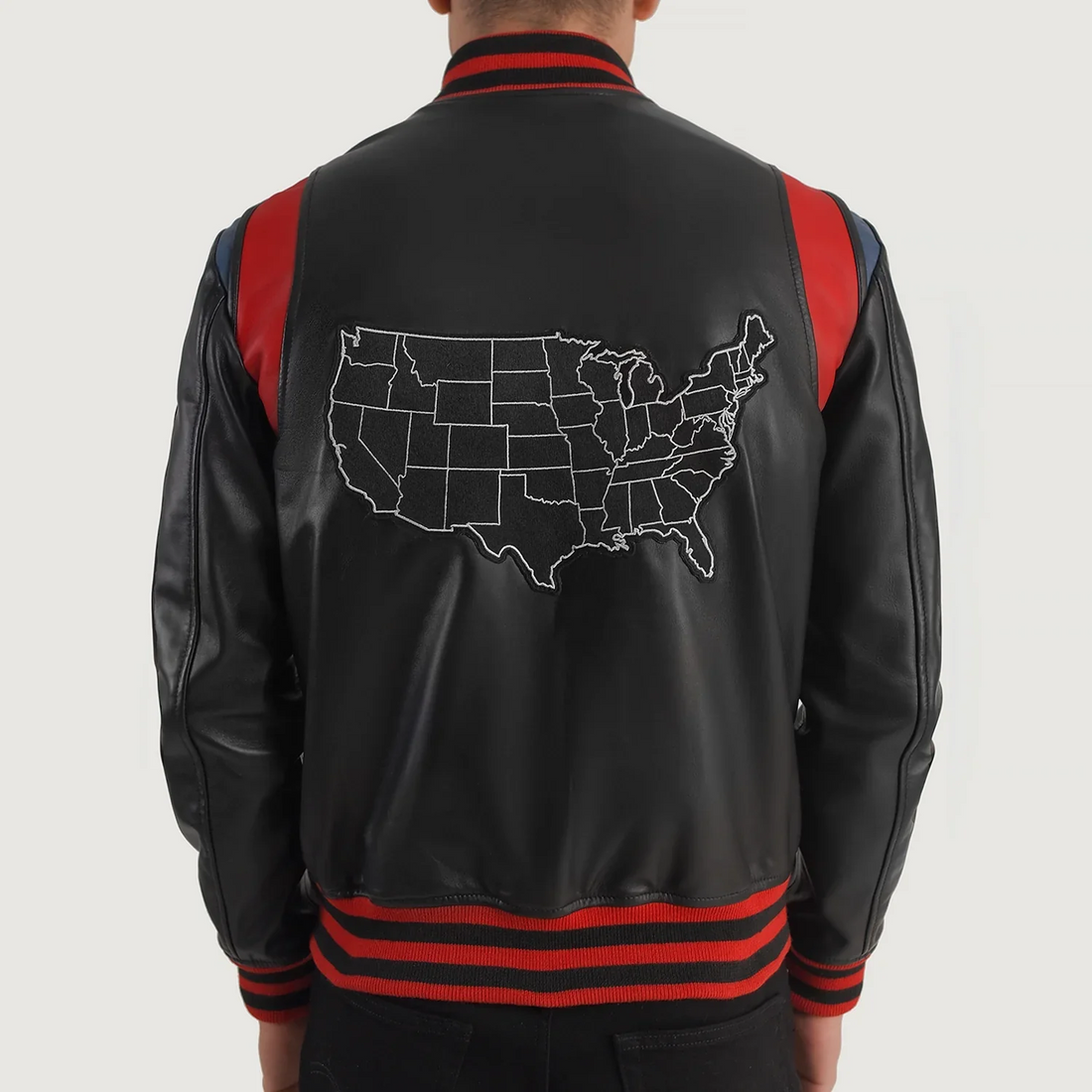 Men’s Liberté USA Black Leather Varsity Jacket – “U” Patch, EST. 1776 Edition