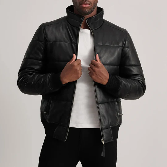 Men’s Lucas Black Leather Puffer Bomber Jacket