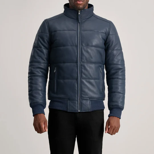Men’s Lucas Blue Leather Puffer Bomber Jacket
