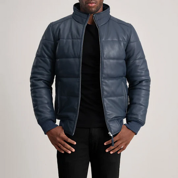 Men’s Lucas Blue Leather Puffer Bomber Jacket
