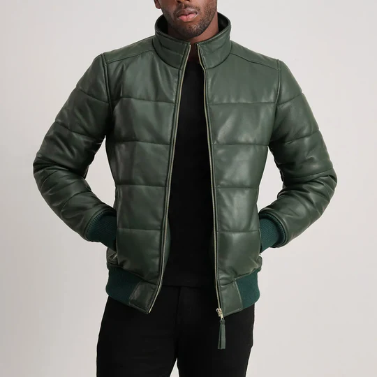Men’s Lucas Green Leather Puffer Bomber Jacket