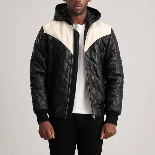Men’s Norman Black Hooded Bomber Leather Puffer Jacket