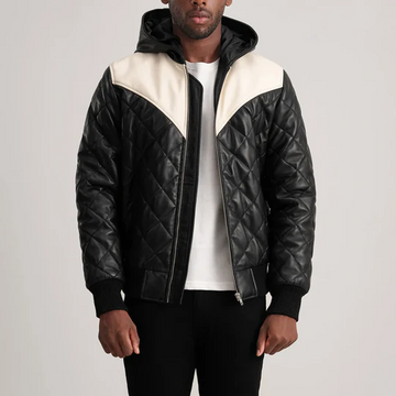 Men’s Norman Black Hooded Bomber Leather Puffer Jacket