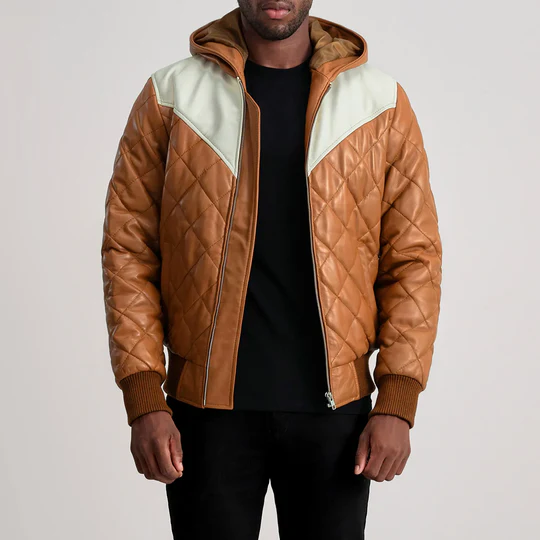 Men’s Norman Tan Hooded Bomber Leather Puffer Jacket
