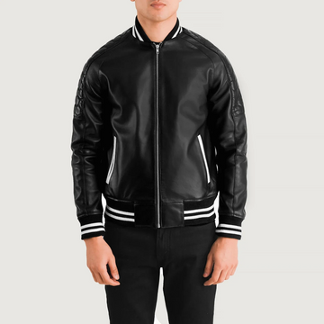 Pascal Black Leather Varsity Jacket – Quilted Shoulder Bomber