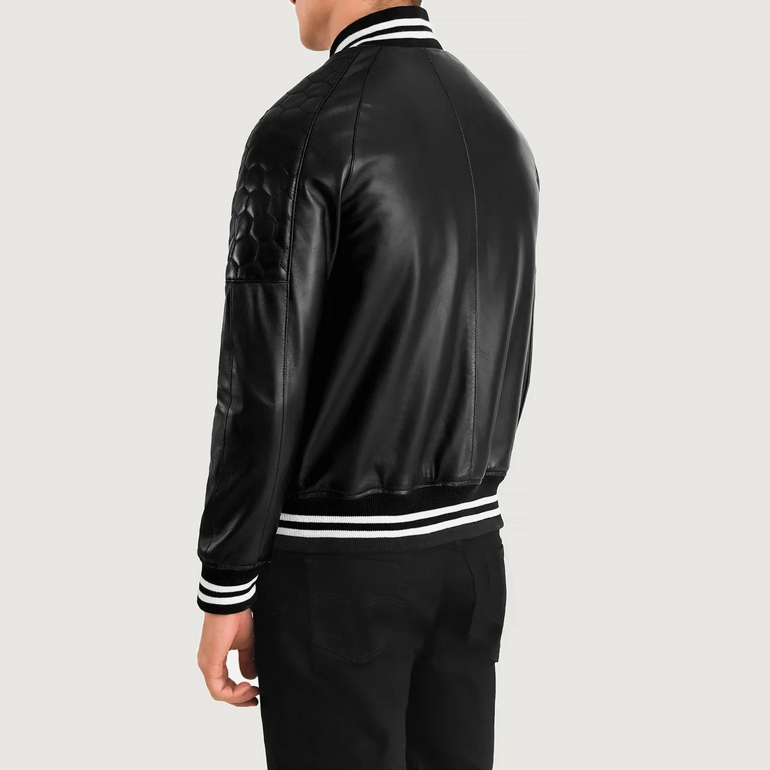 Pascal Black Leather Varsity Jacket – Quilted Shoulder Bomber