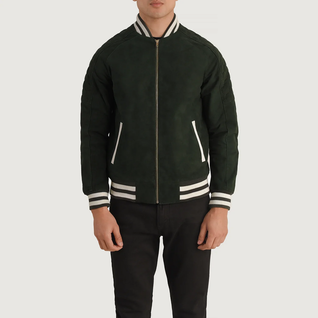 Men’s Pascal Green Suede Varsity Jacket – Classic Zip Bomber