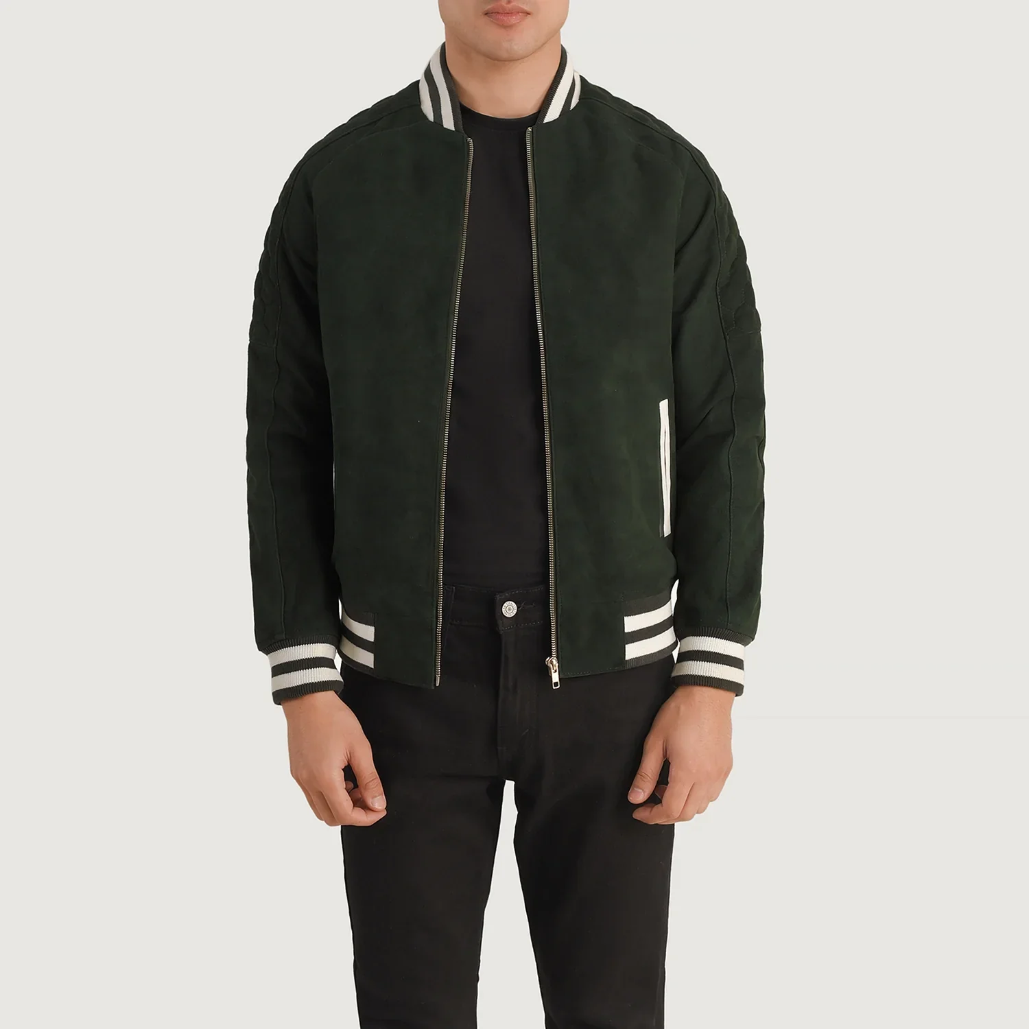 Men’s Pascal Green Suede Varsity Jacket – Classic Zip Bomber