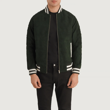 Men’s Pascal Green Suede Varsity Jacket – Classic Zip Bomber