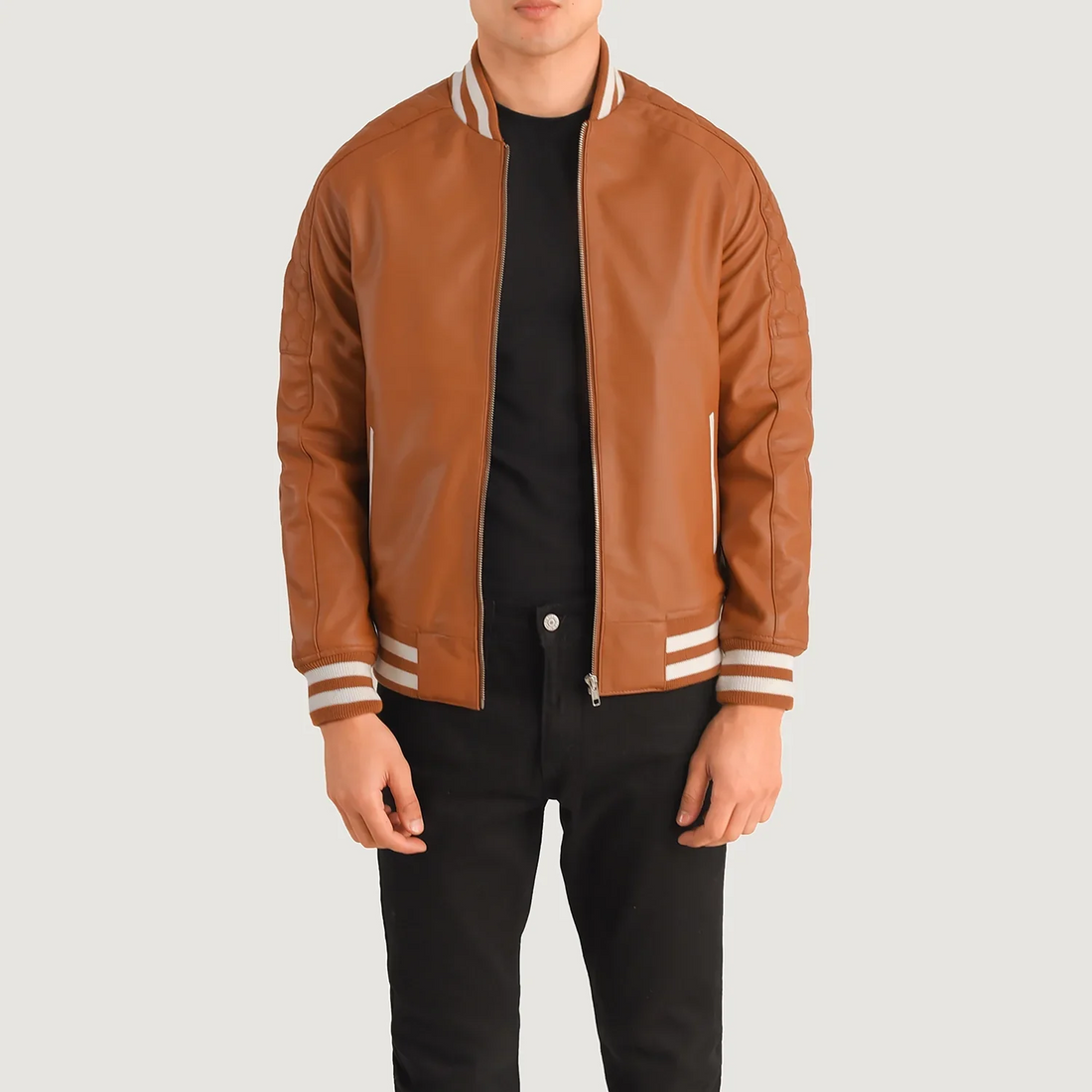 Men’s Pascal Tan Brown Leather Varsity Jacket