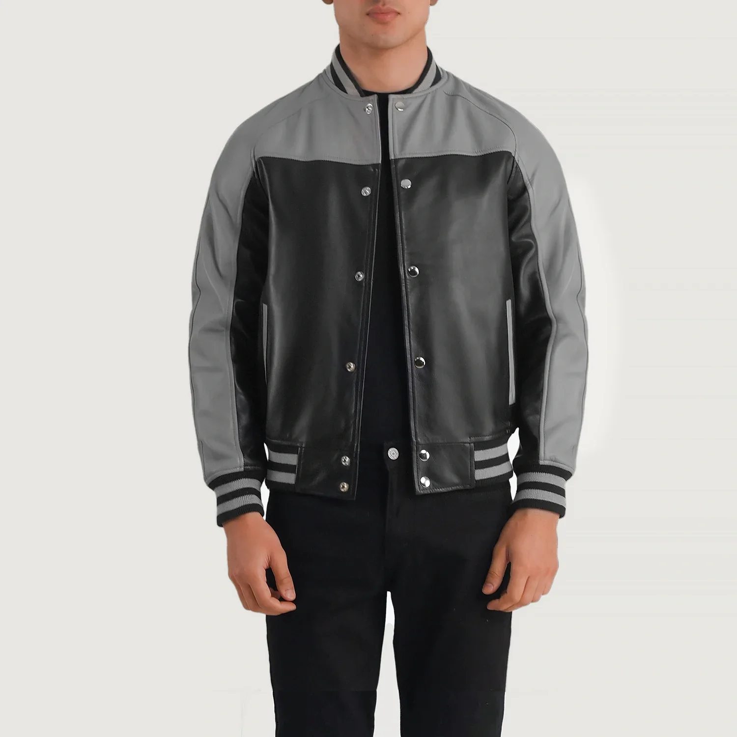 Men’s Terrance Black &amp; Grey Leather Varsity Jacket