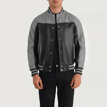 Men’s Terrance Black &amp; Grey Leather Varsity Jacket