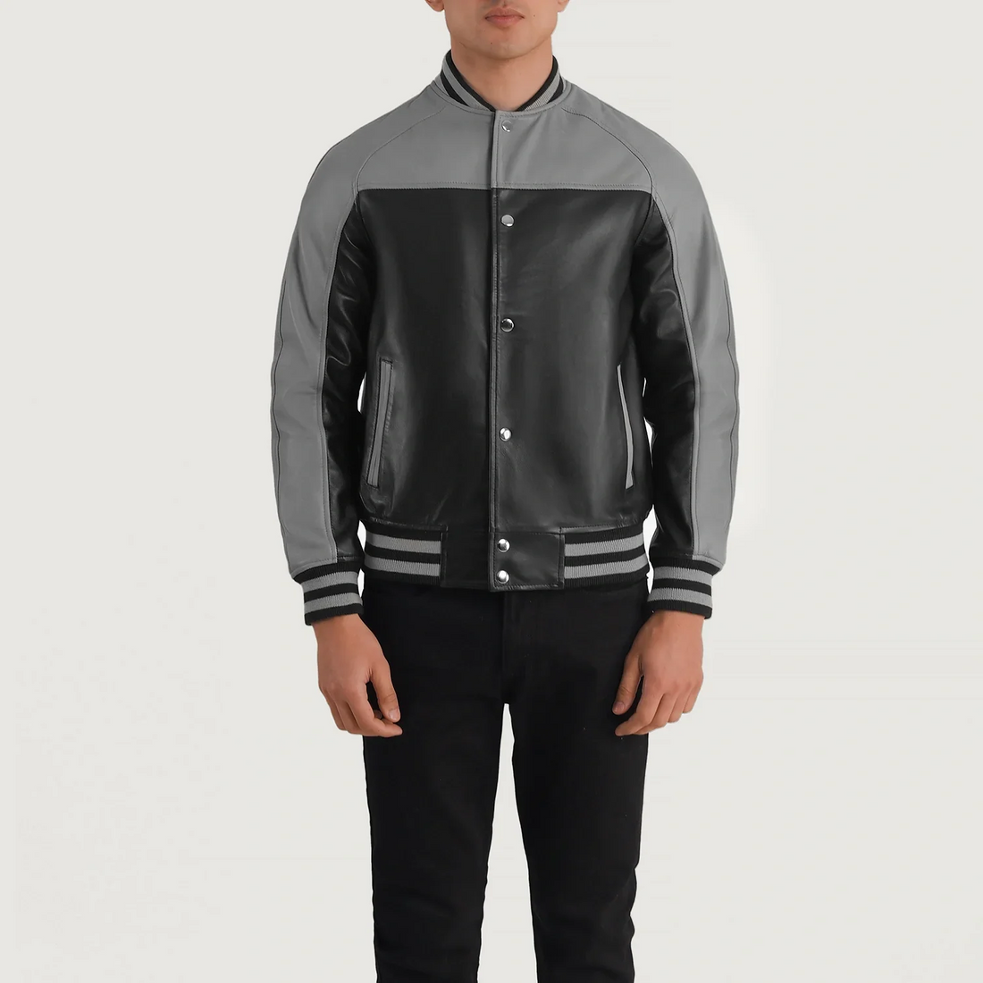 Men’s Terrance Black &amp; Grey Leather Varsity Jacket