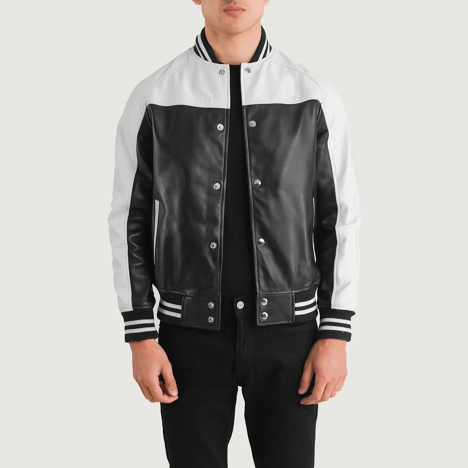 Men’s Terrance Black &amp; White Leather Varsity Jacket