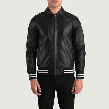 Men’s Walton Black Leather Varsity Jacket – Classic Striped Rib Bomber