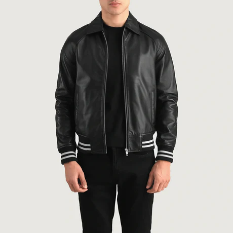 Men’s Walton Black Leather Varsity Jacket – Classic Striped Rib Bomber
