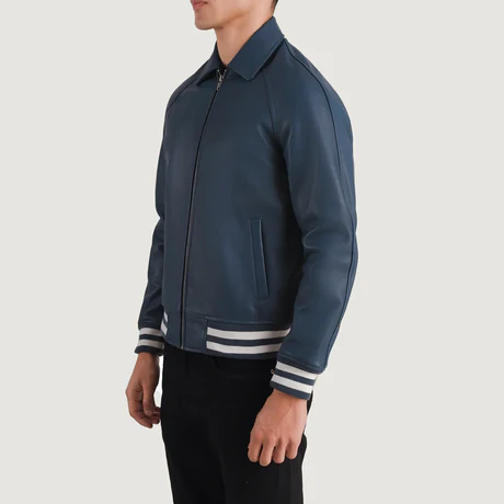 Men’s Walton Blue Leather Varsity Jacket – Zip-Front Bomber with Striped Rib Trim