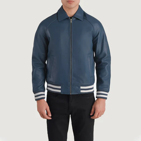 Men’s Walton Blue Leather Varsity Jacket – Zip-Front Bomber with Striped Rib Trim