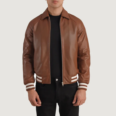 Men’s Walton Brown Leather Varsity Jacket – Ribbed Striped Hem &amp; Cuffs