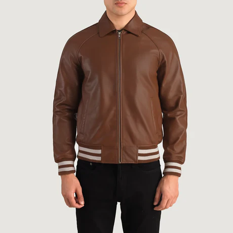 Men’s Walton Brown Leather Varsity Jacket – Ribbed Striped Hem &amp; Cuffs