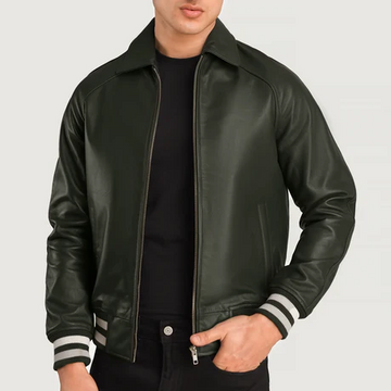 Men’s Walton Green Leather Varsity Jacket – Classic Zip-Front Bomber with Striped Rib Trim