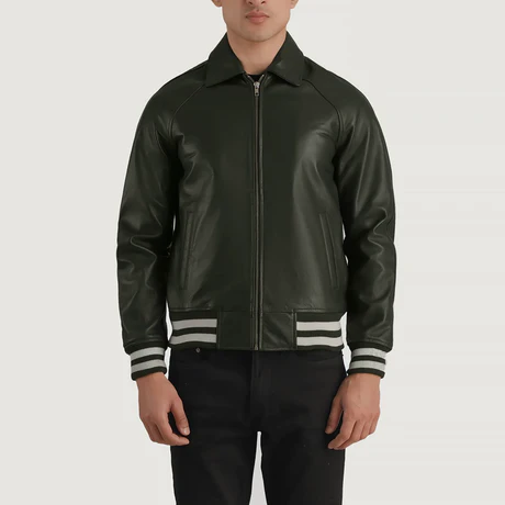 Men’s Walton Green Leather Varsity Jacket – Classic Zip-Front Bomber with Striped Rib Trim