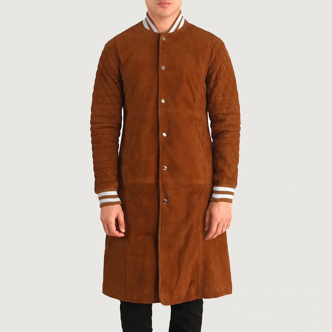 Men’s Wilde Brown Suede Varsity Long Coat with Quilted Sleeves
