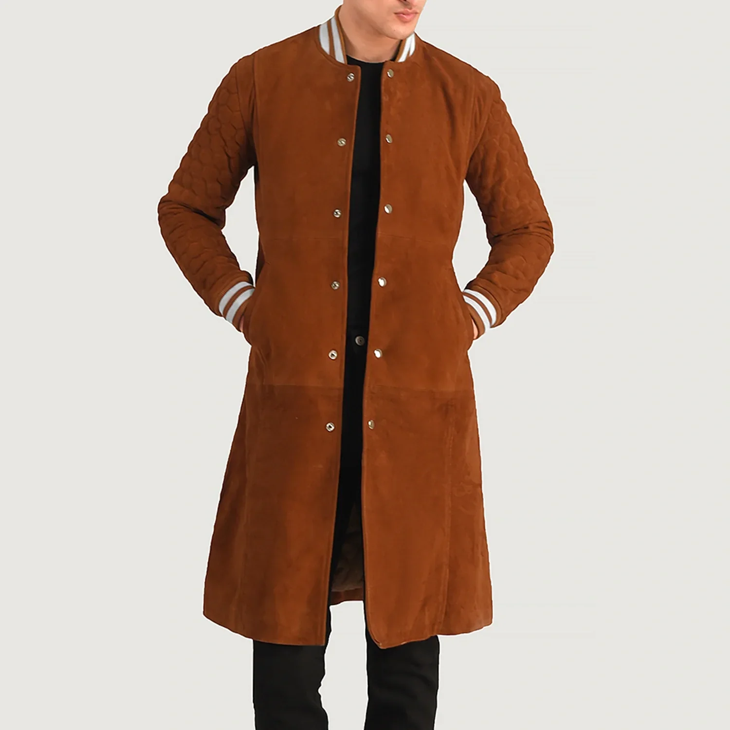 Men’s Wilde Brown Suede Varsity Long Coat with Quilted Sleeves